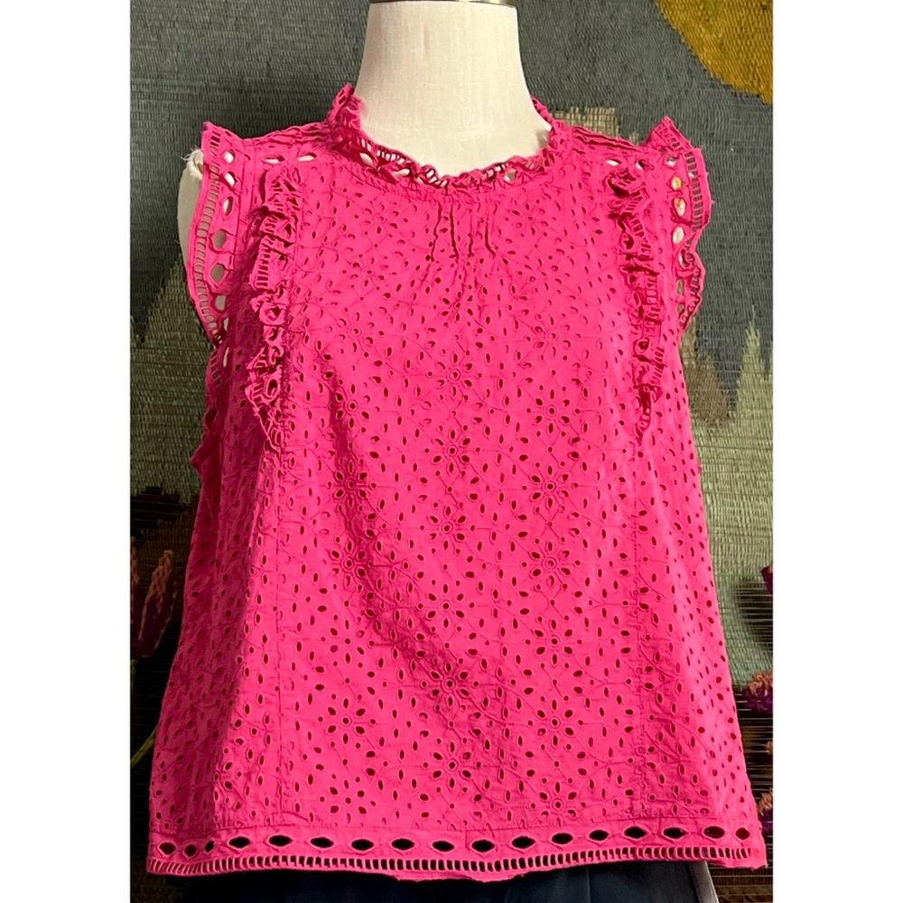 Anthropologie Hot Pink Eyelet Ruffled Sleeveless Blouse -NWT